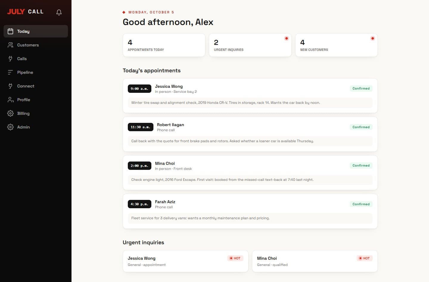 The JULY Call dashboard on a demo workspace (a fictional auto repair shop): today's appointments and urgent inquiries
